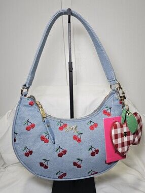 NWT Betsey Johnson Denim Cherry Crescent Shoulder Bag
